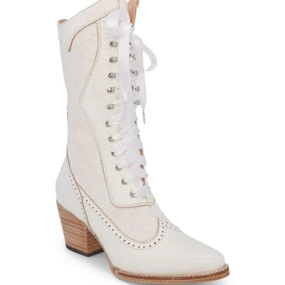 Oak Tree Farms Biddy White Lace Up Western Victorian Heel Boots Sz 9 NWOT - Picture 3 of 16